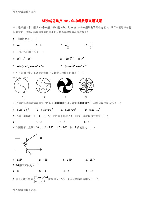 湖北省恩施州2019年中考数学真题试题(含扫描答案)