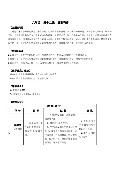 心理健康全册教案六年级 第十二课 感谢有你 教师用书