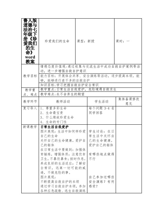 鲁人版道德与法治七年级下册《珍爱我们的生命》word教案