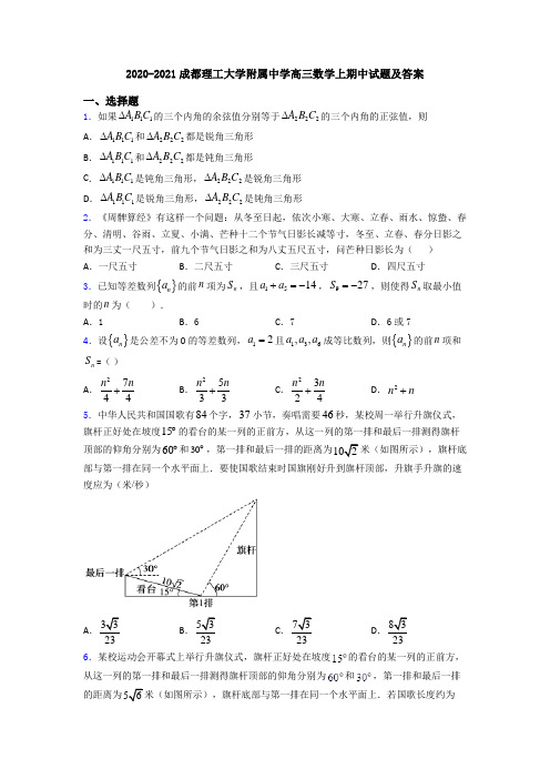 2020-2021成都理工大学附属中学高三数学上期中试题及答案