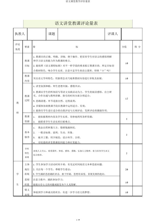 语文课堂教学评价量表