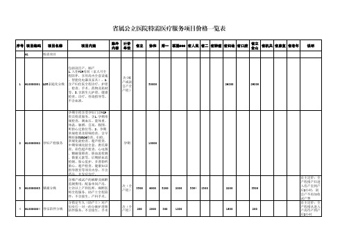 省属公立医院特需医疗服务项目价格一览表