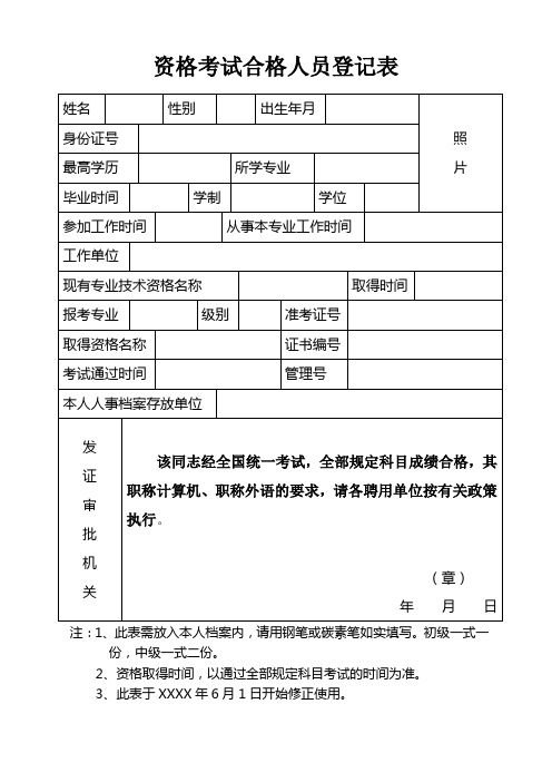 资格考试合格人员登记表样本