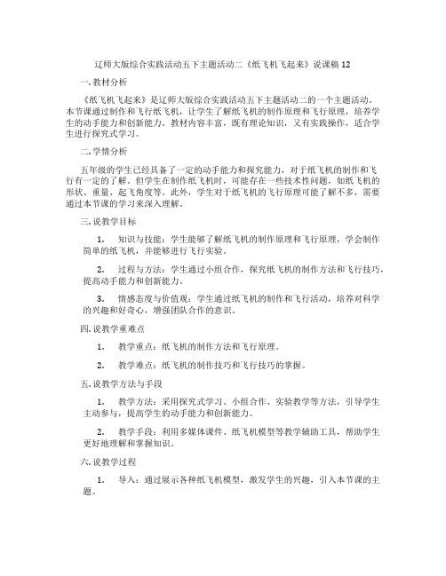 辽师大版综合实践活动五下主题活动二《纸飞机飞起来》说课稿12