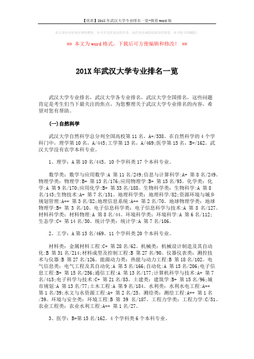 【优质】201X年武汉大学专业排名一览-推荐word版 (3页)