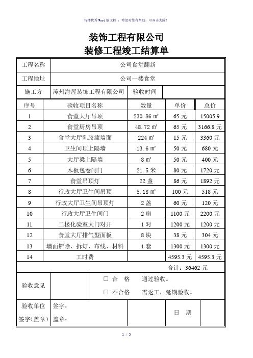 装修工程竣工结算单(参考模板)