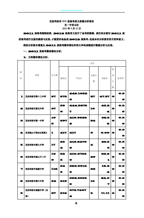 克拉玛依市2011届高考语文质量分析报告