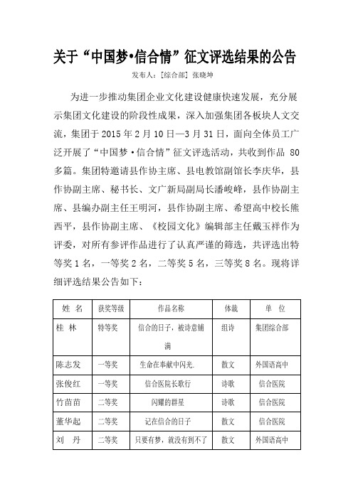 关于中国梦信合情征文评选结果的公告