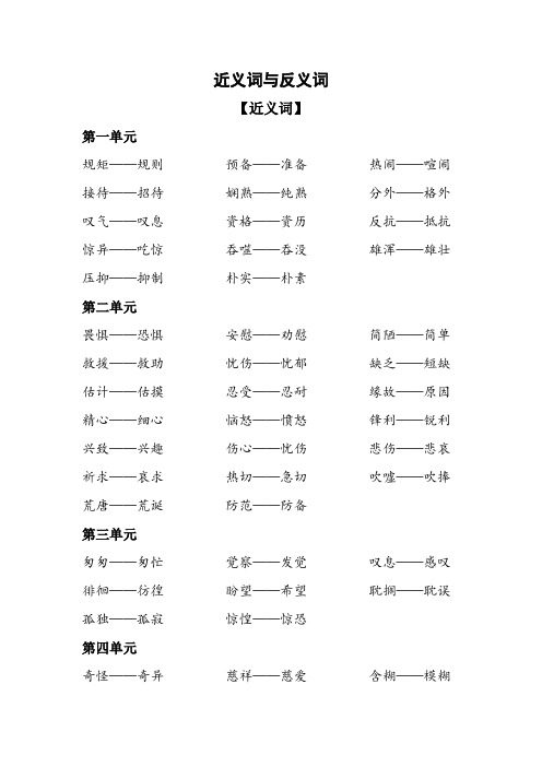 统编-部编版六年级下册语文：复习资料：近义词和反义词