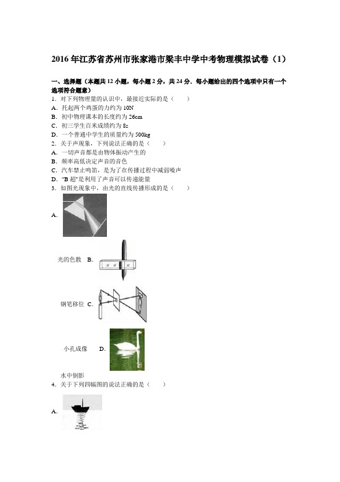 2016年江苏省苏州市张家港市梁丰中学中考物理模拟试卷(1)(解析版)