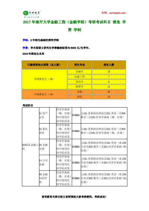 2017年南开大学金融工程(金融学院)考研考试科目 推免 学费 学制