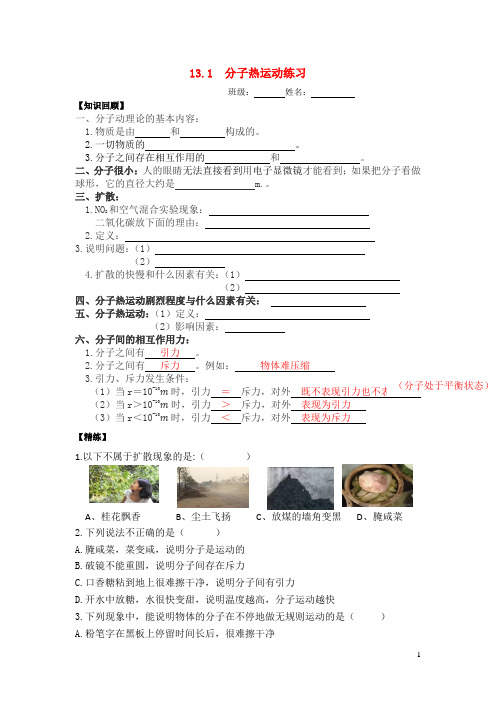 13.1++分子热运动练习++++---2024-2025学年人教版物理九年级上学期