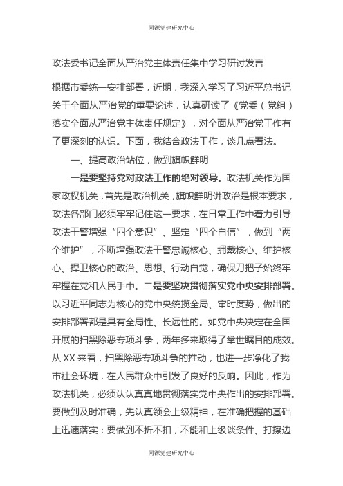 政法委书记全面从严治党主体责任集中学习研讨发言