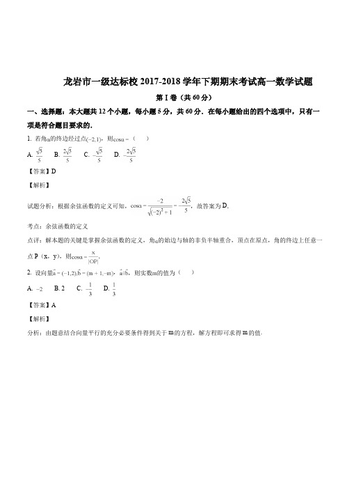 福建省龙岩市一级达标校2017-2018学年高一下期期末考试数学试题(解析版)