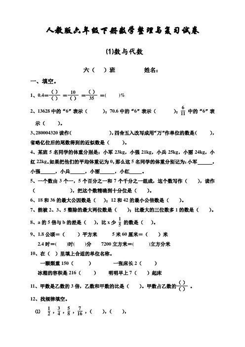 人教版六年级数学下册第6单元整理与复习《数与代数》测试卷题1