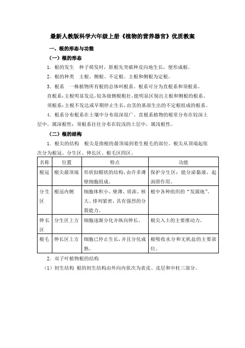 最新人教版科学六年级上册《植物的器官和营养》优质教案教学设计