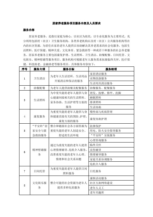 居家养老服务项目服务内容及人员要求