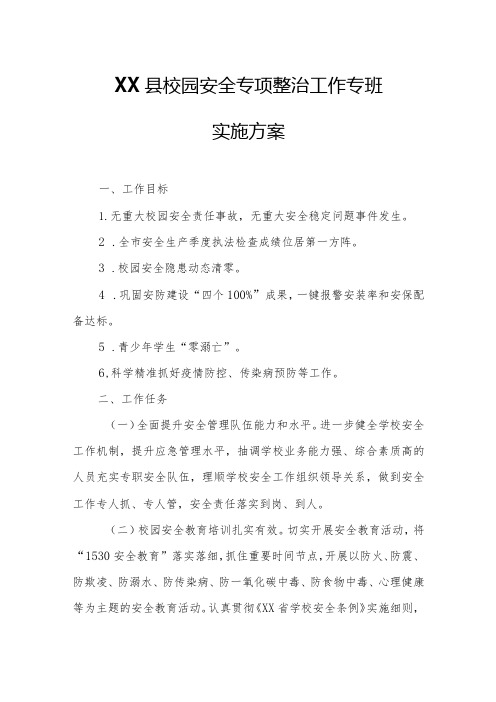 XX县校园安全专项整治工作专班实施方案