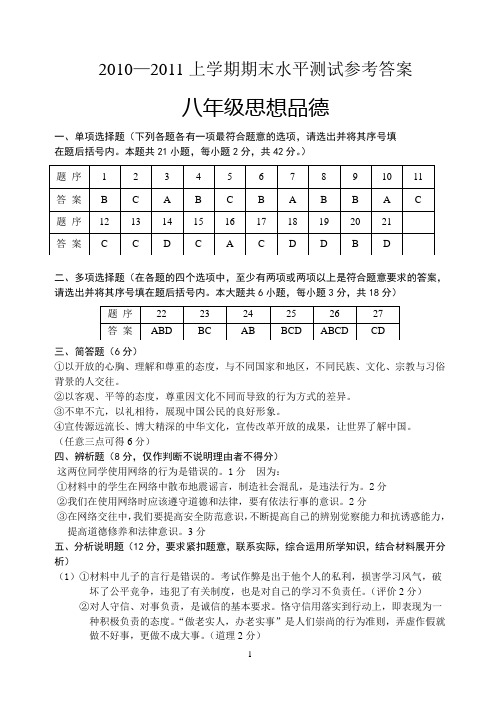 2010—2011上学期期末水平测试参考答案八年级思想品德