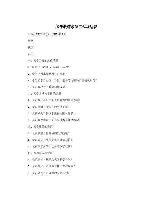 关于教师教学工作总结表