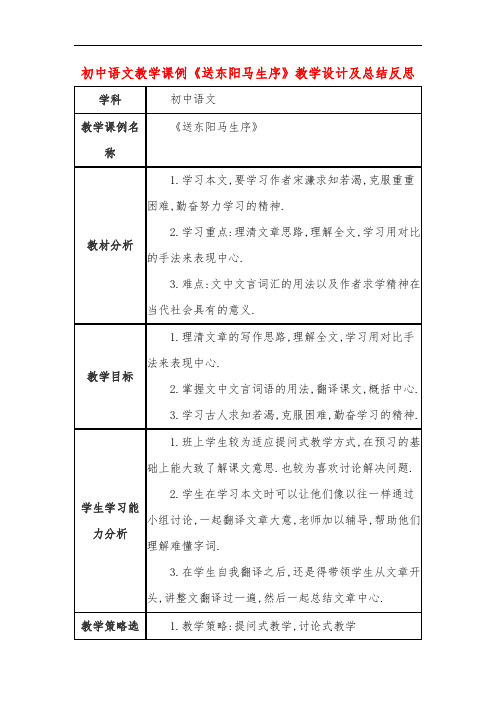 初中语文教学课例《送东阳马生序》教学设计及总结反思