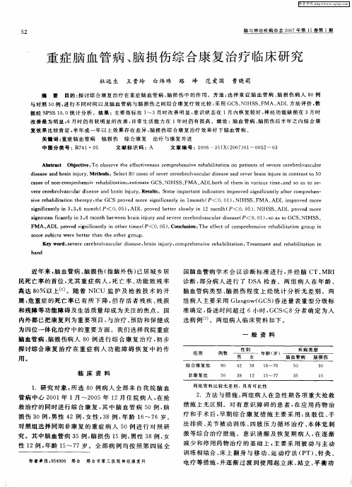 重症脑血管病、脑损伤综合康复治疗临床研究