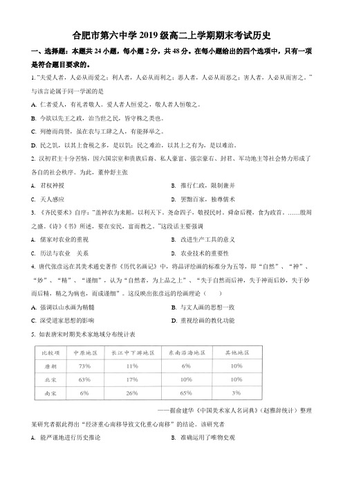 安徽省合肥市第六中学2020-2021学年高二上学期期末考试历史试题 Word版含解析