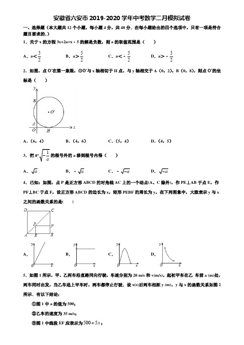 【附5套中考模拟试卷】安徽省六安市2019-2020学年中考数学二月模拟试卷含解析