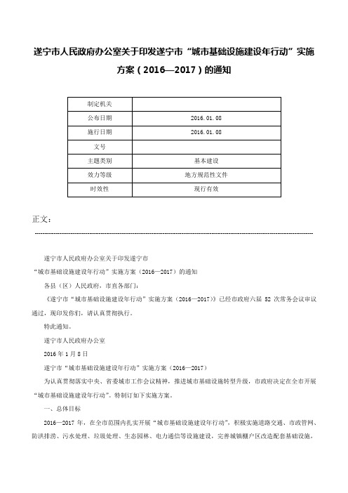 遂宁市人民政府办公室关于印发遂宁市“城市基础设施建设年行动”实施方案（2016—2017）的通知-