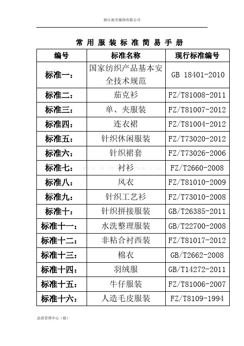 国家常用服装标准简易手册