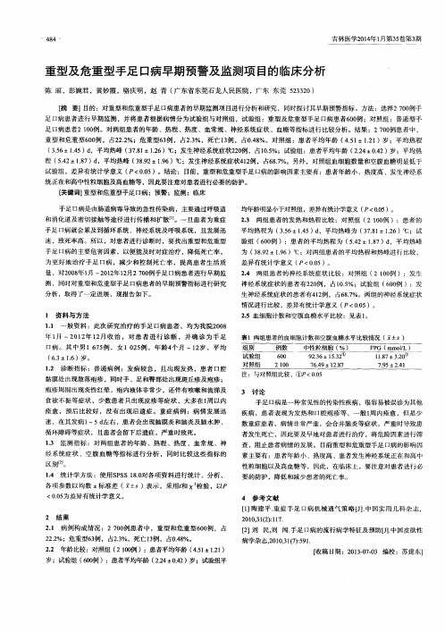 重型及危重型手足口病早期预警及监测项目的临床分析