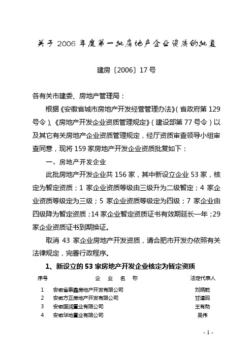 关于2006年度第一批房地产企业资质的批复