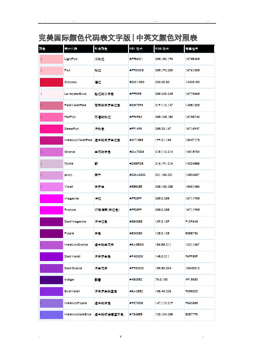 颜色代码表w完美国际文字版