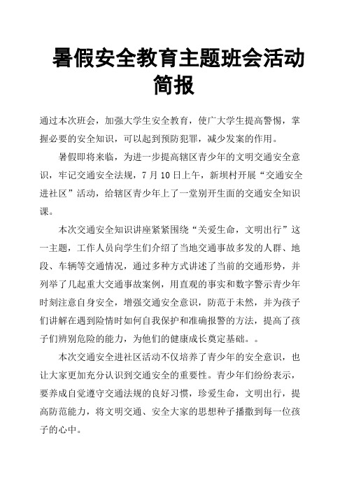 暑假安全教育主题班会活动简报