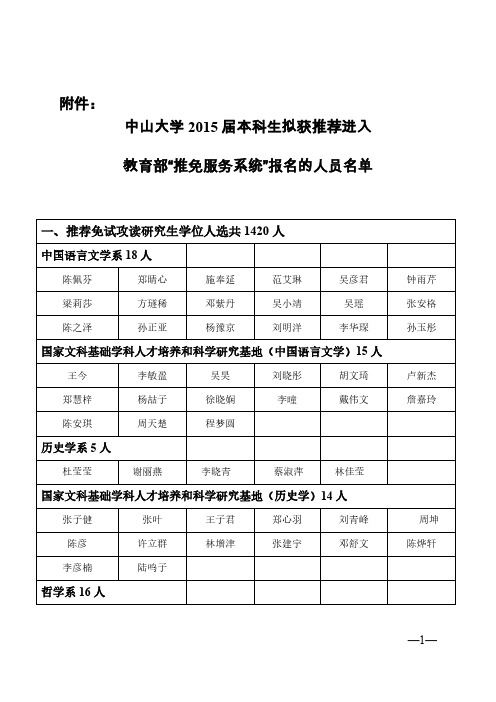 中山大学2015届本科生拟获推免资格名单通知