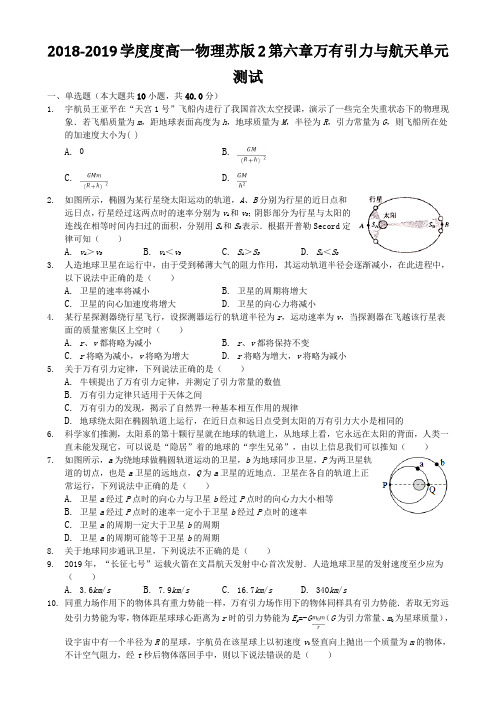 2018-2019学度度高一物理苏版2第六章万有引力与航天单元测试