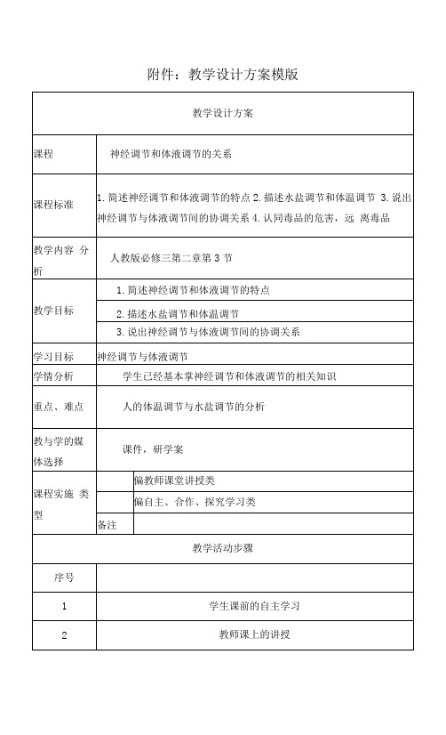 神经调节和体液调节的关系 教学设计