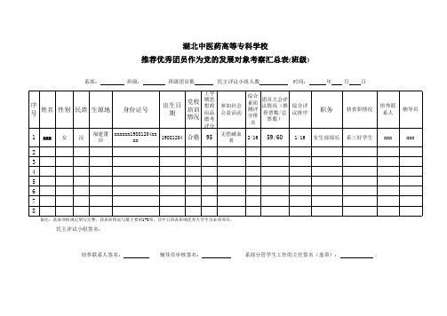 班级推优汇总表