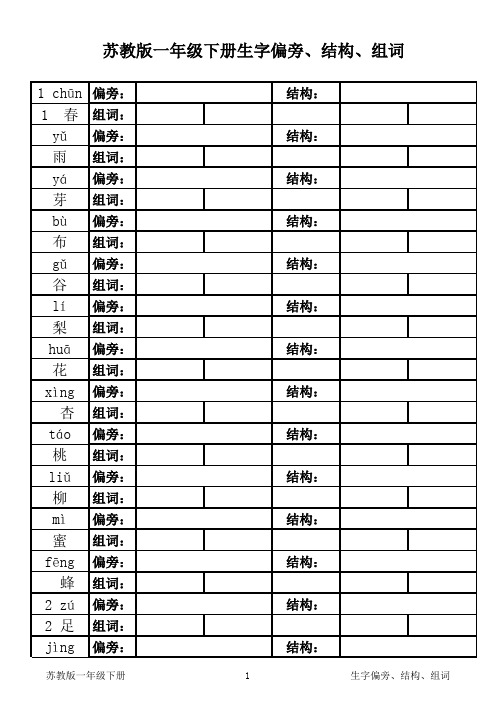 苏教版一年级下册生字偏旁、结构、组词