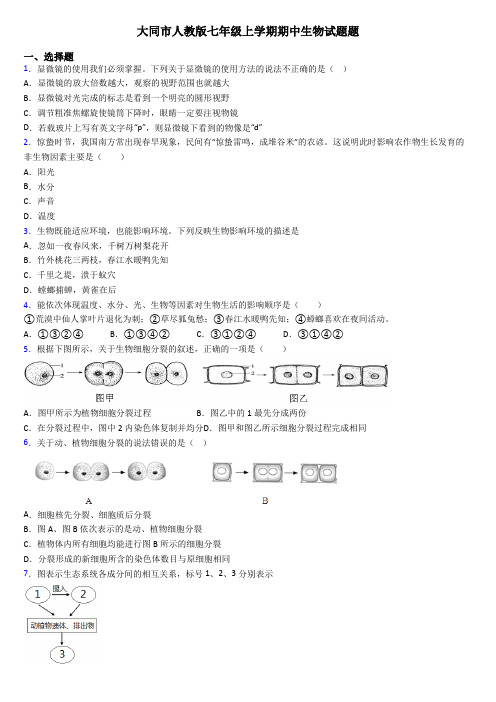 大同市人教版七年级上学期期中生物试题题