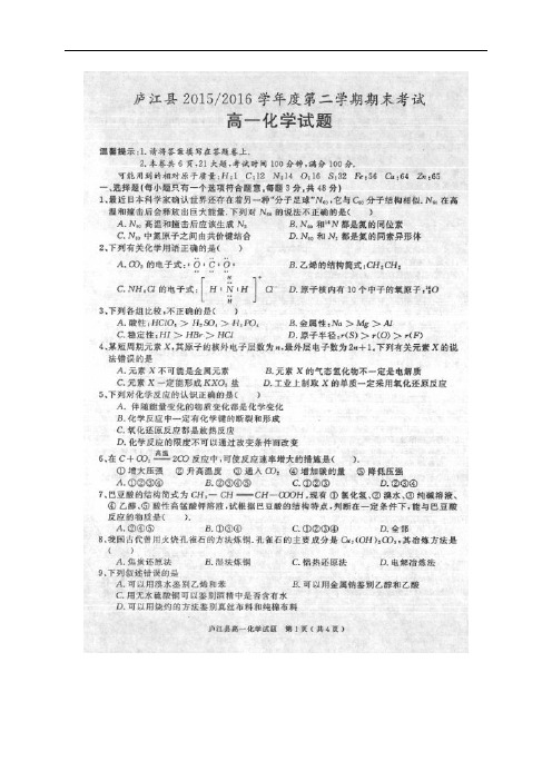 安徽省合肥市庐江县高一化学下学期期末考试试题(扫描版)