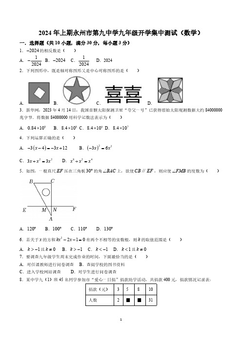 湖南省永州市第九中学2023-2024学年九年级下学期开学考试数学试题(无答案)