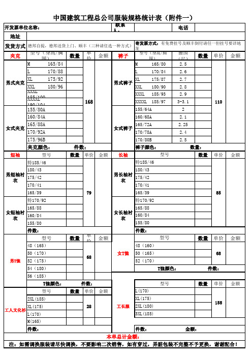 2014-1年服装报价明细表