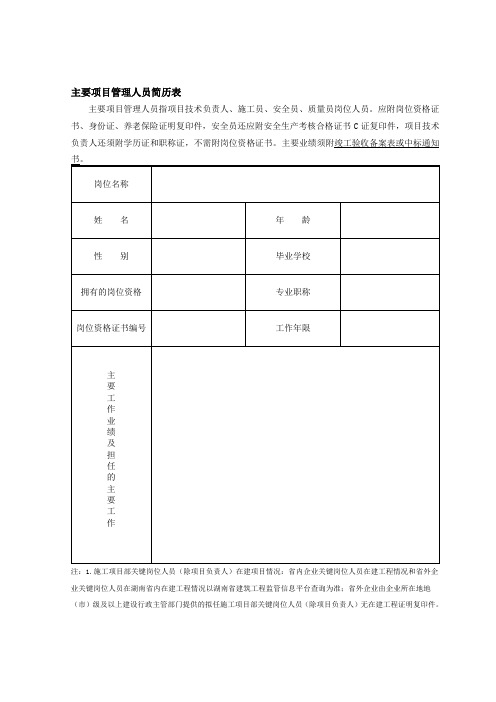 主要项目管理人员简历表