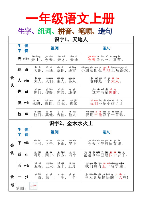 一年级上册生字组词拼音笔顺造句