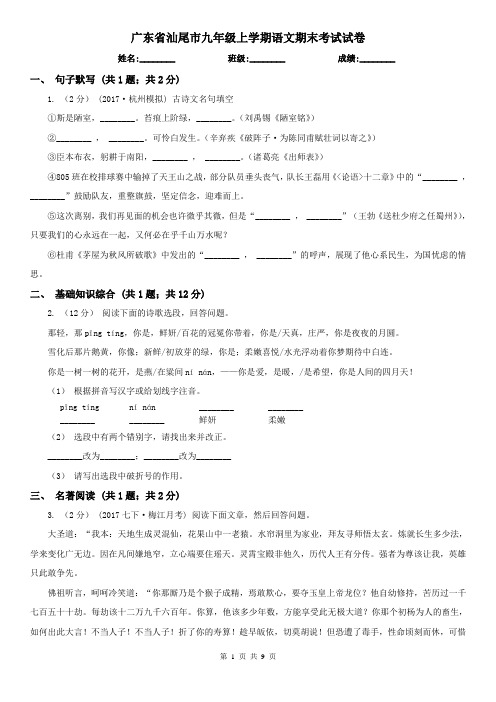 广东省汕尾市九年级上学期语文期末考试试卷