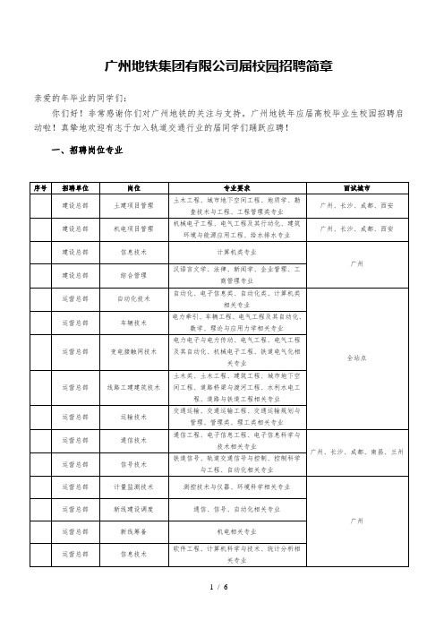 广州地铁集团有限公司2020届校园招聘简章