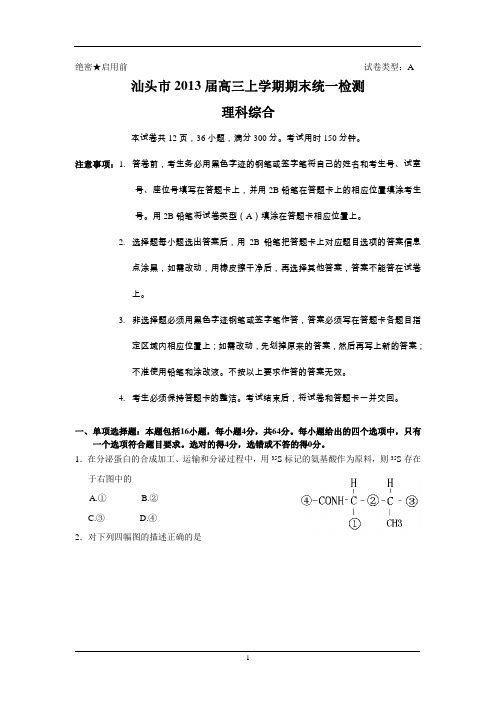 广东省汕头市届高三上学期期末教学质量检测理综试题WORD版