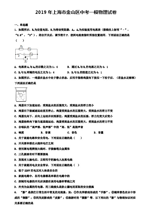 2019年上海市金山区中考一模物理试卷(含答案解析)