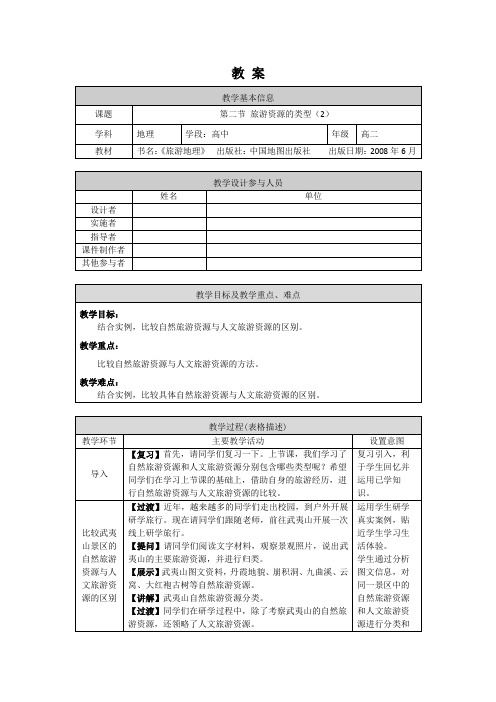 高二地理(中图版-旅游地理)-第二节 旅游资源的类型(2)-1教案